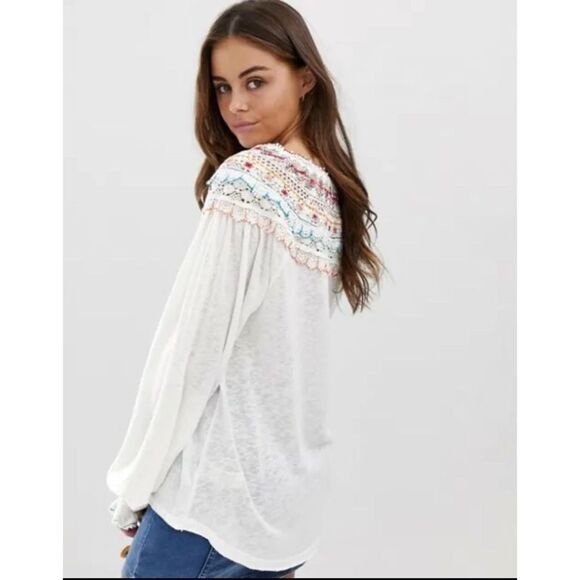 Free People - White Siesta Fiesta Colorful Embroidered Crochet V Neck Top Size S - Picture 6 of 13